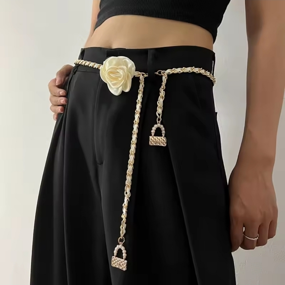 Elegant Cream Chain Belt with Rose Accent
